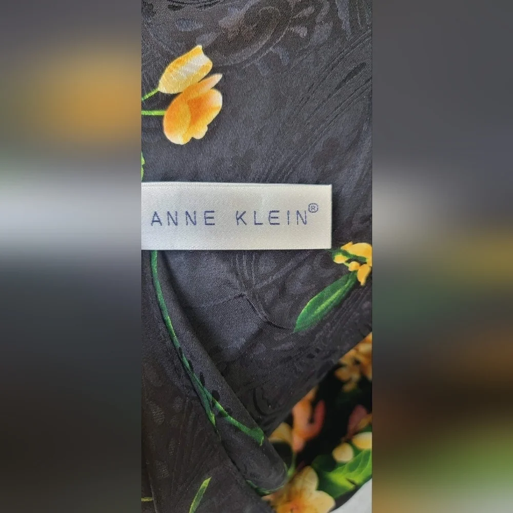 Vintage Anne Klein Black Scarf with Yellow and Pink Floral Design